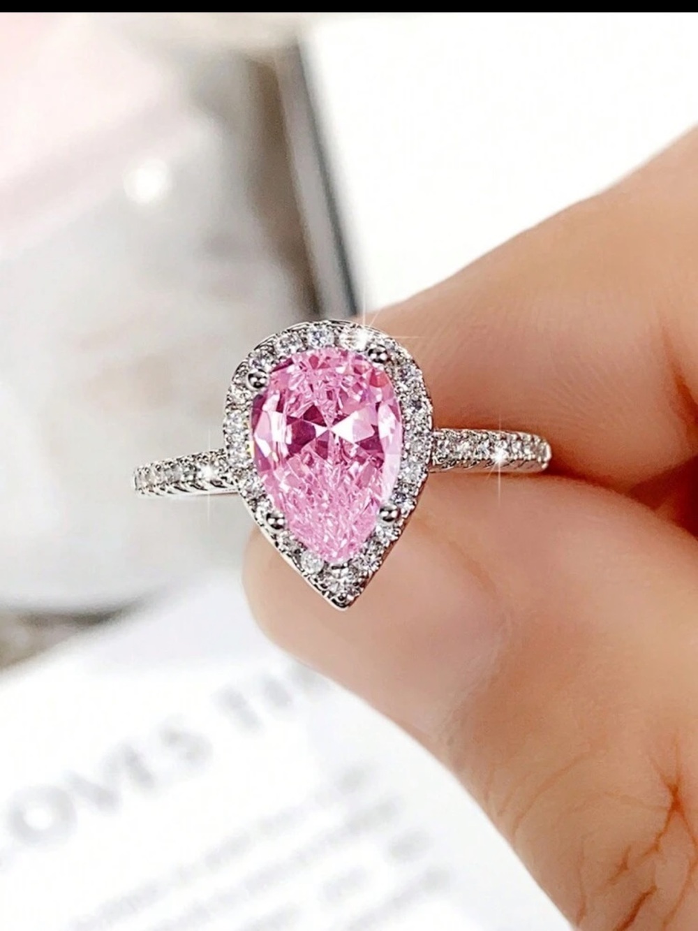 Pink silver pear shaped ring - Picture 3 of 4